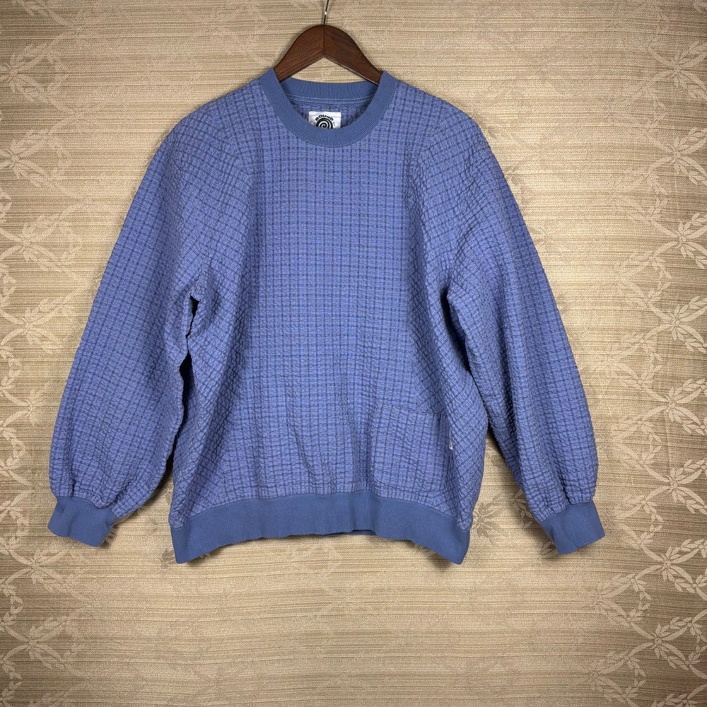 Round Two Waffle Knit Pullover Mens Medium Blue Excellent Seersucker Texture